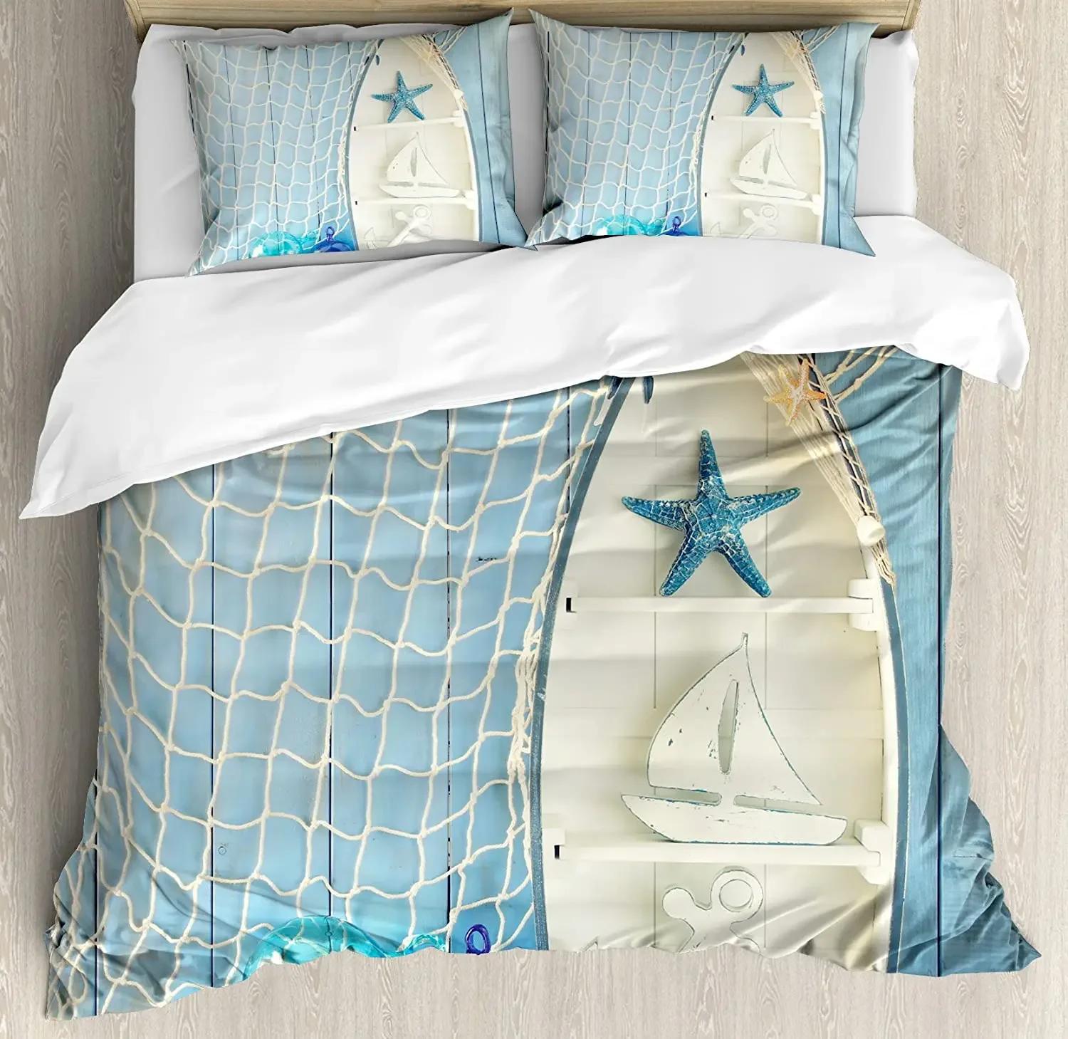 Nautical Bedding Set For Bedroom Bed Home Sea Objects on Wooden BackdropVintage Boa Duvet Cover Quilt Cover And Pill